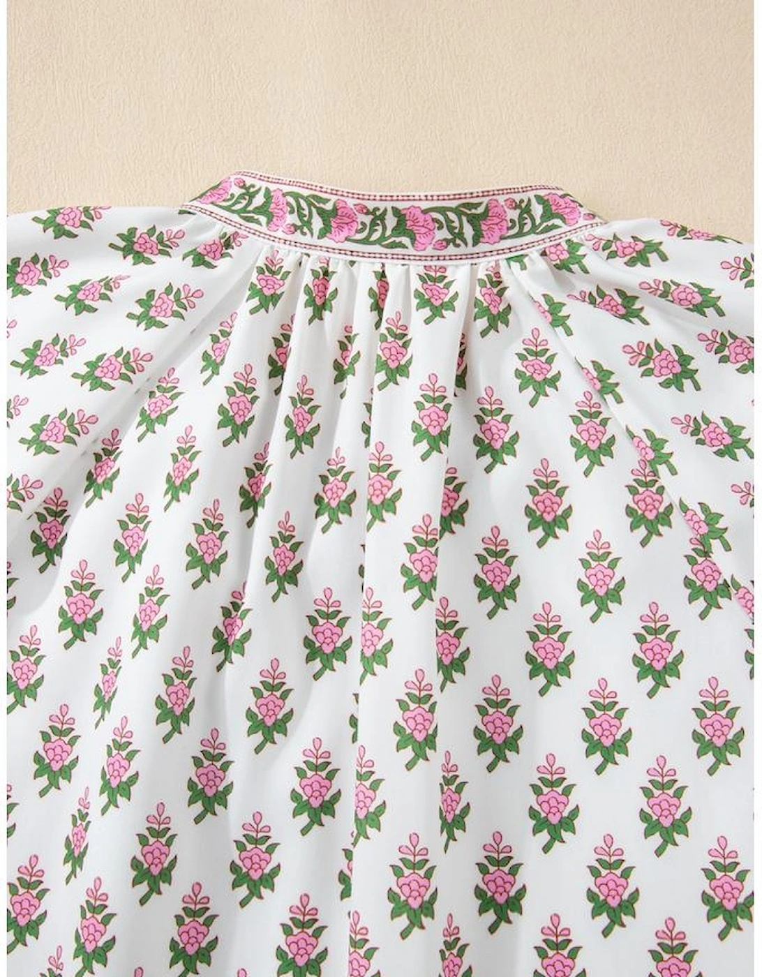 Pink Floral Print Bubble Sleeve Neck Tie Ruffled Dress