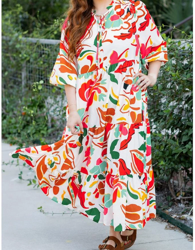 Orange Floral Print Drawstring V Neck Tiered Plus Size Dress