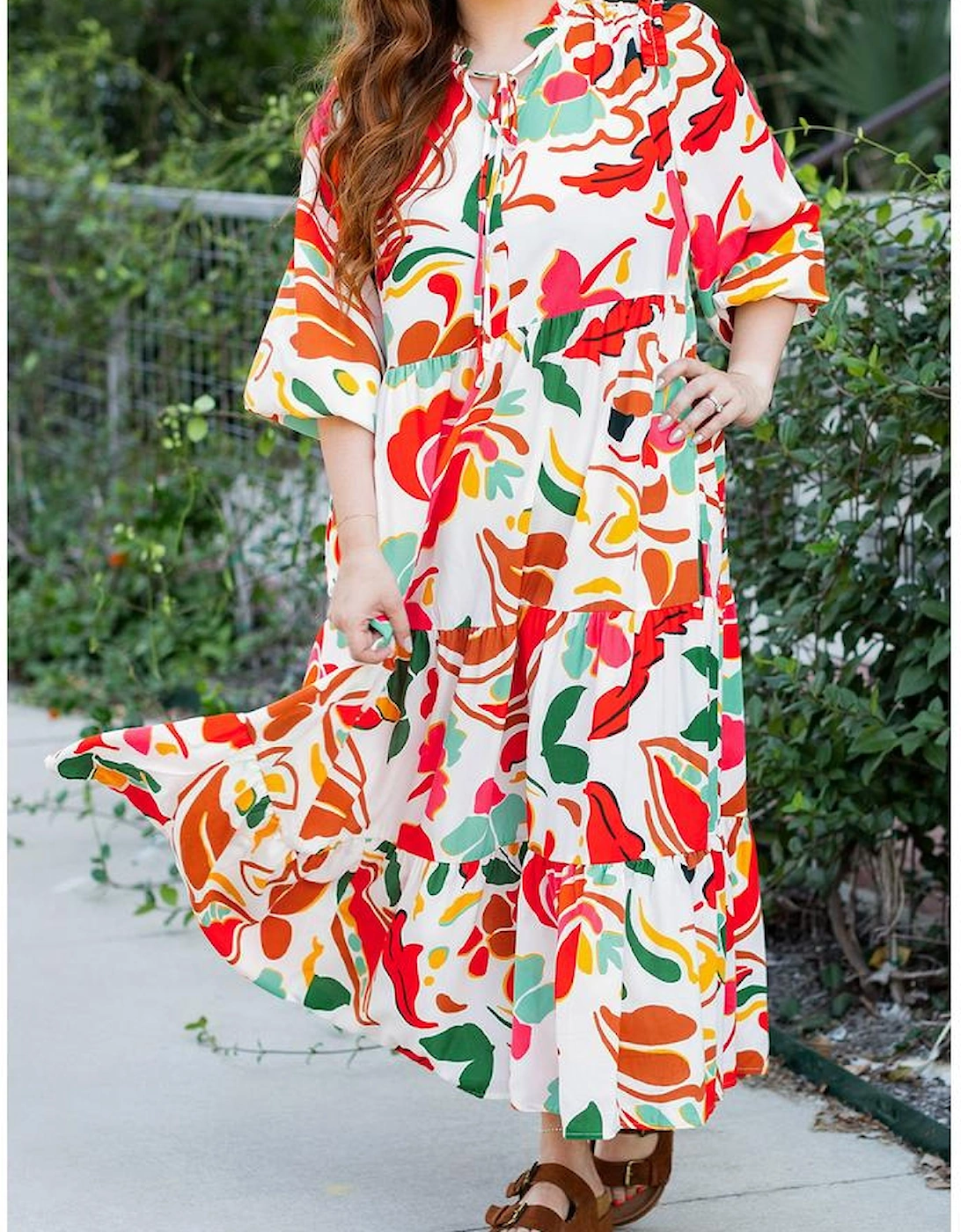 Orange Floral Print Drawstring V Neck Tiered Plus Size Dress