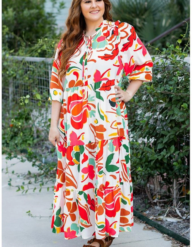 Orange Floral Print Drawstring V Neck Tiered Plus Size Dress