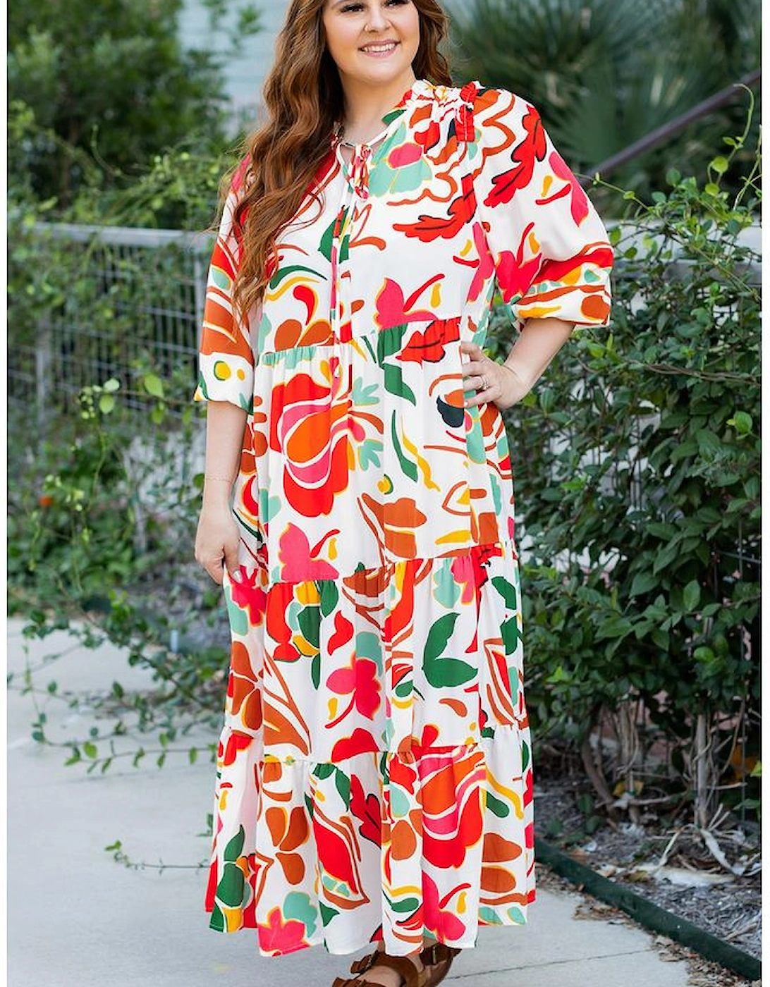 Orange Floral Print Drawstring V Neck Tiered Plus Size Dress