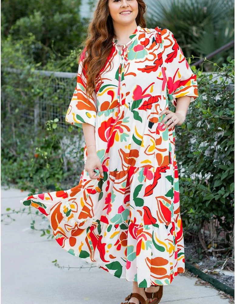 Orange Floral Print Drawstring V Neck Tiered Plus Size Dress