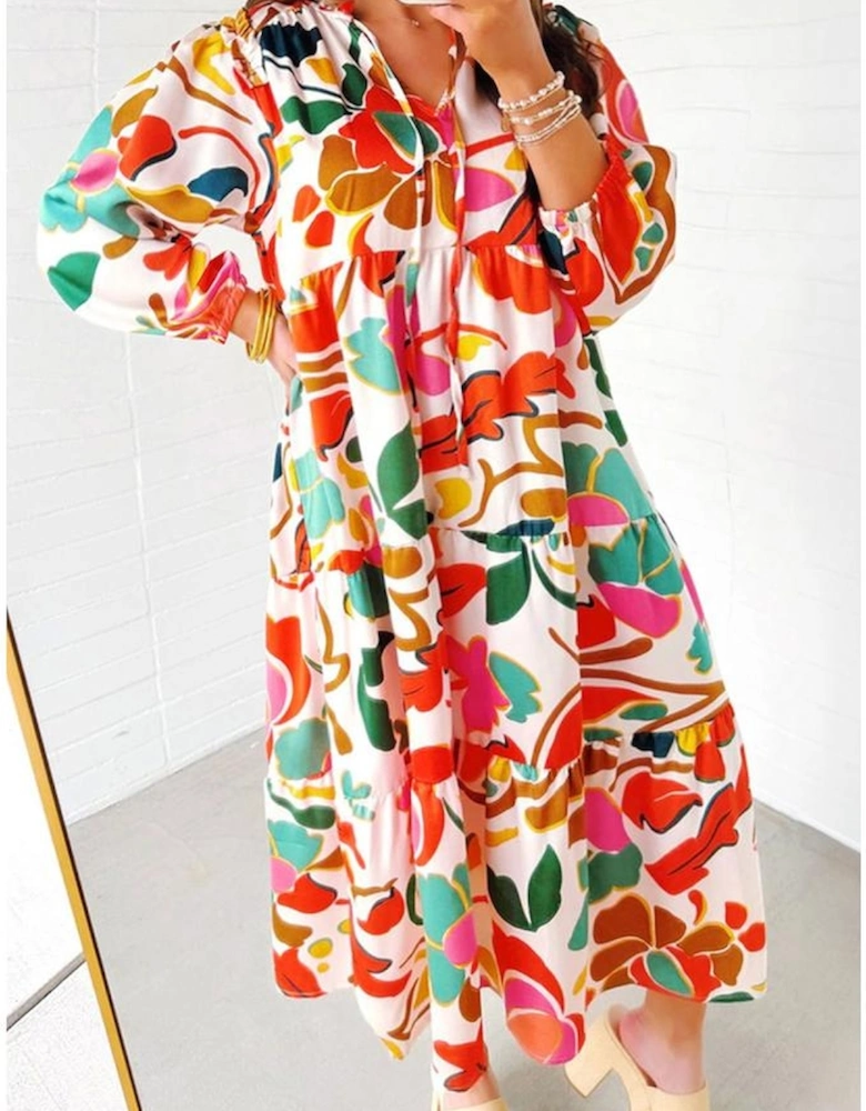 Orange Floral Print Drawstring V Neck Tiered Plus Size Dress