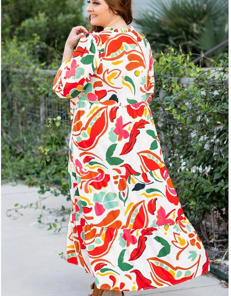 Orange Floral Print Drawstring V Neck Tiered Plus Size Dress
