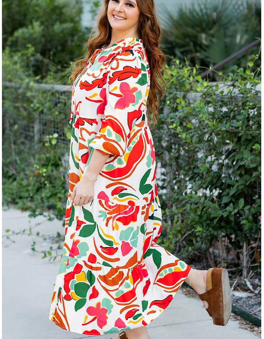 Orange Floral Print Drawstring V Neck Tiered Plus Size Dress
