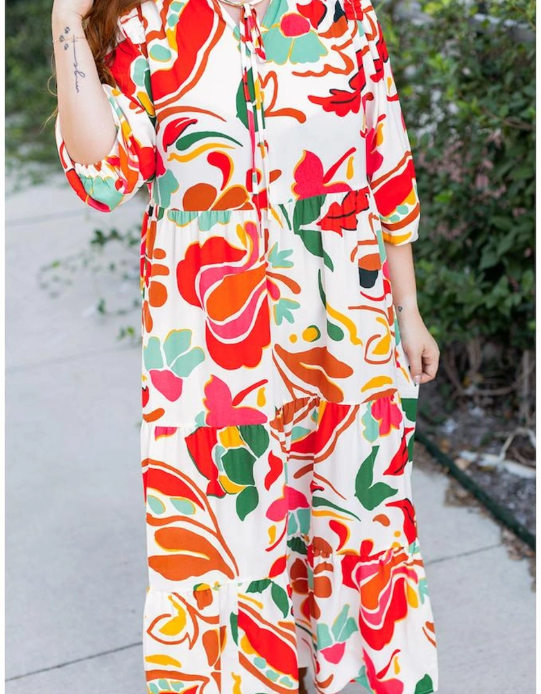 Orange Floral Print Drawstring V Neck Tiered Plus Size Dress