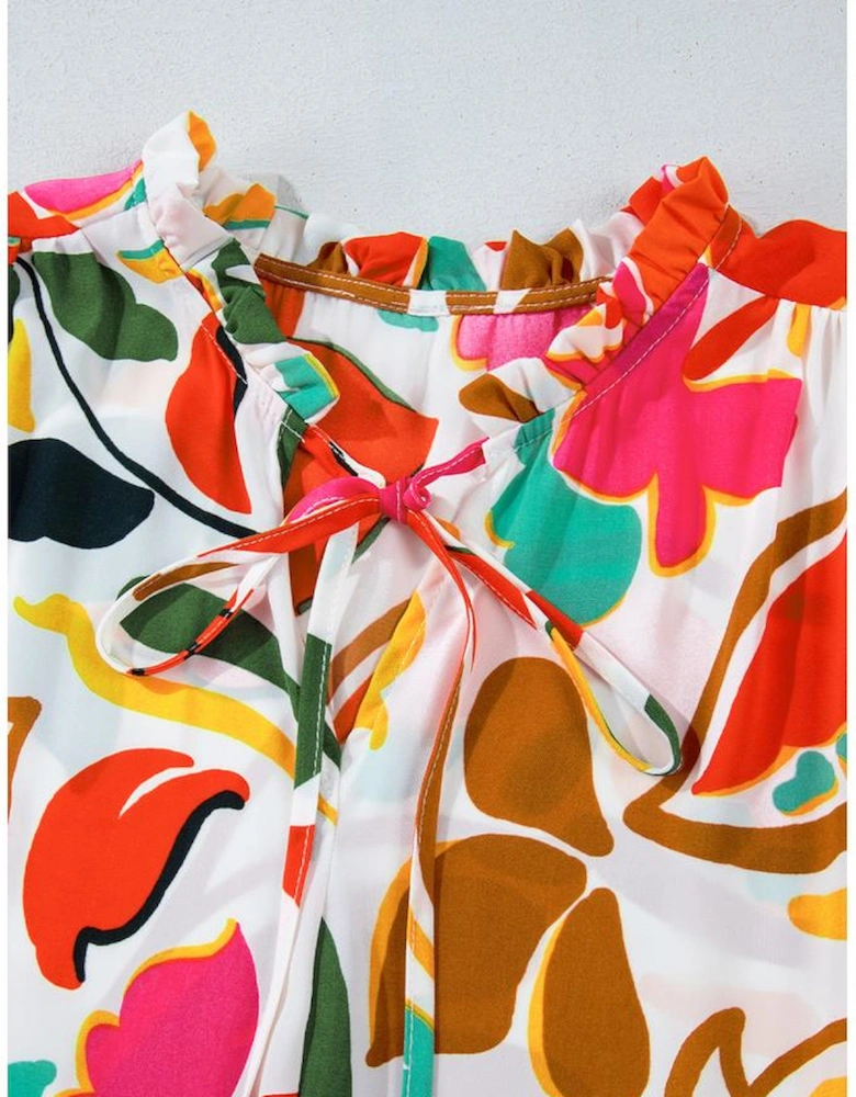 Orange Floral Print Drawstring V Neck Tiered Plus Size Dress