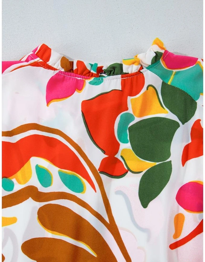 Orange Floral Print Drawstring V Neck Tiered Plus Size Dress