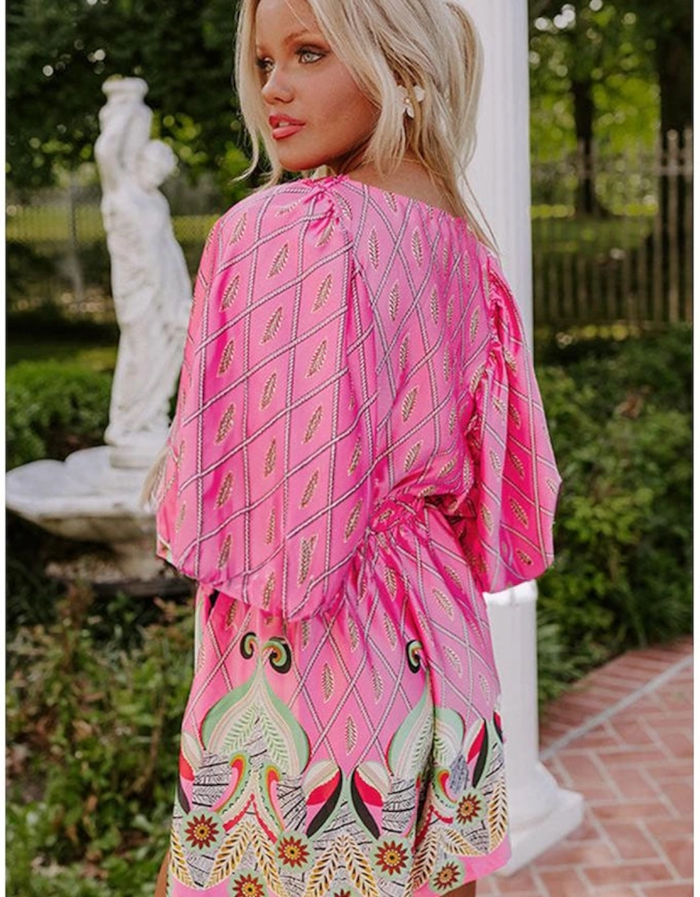 Pink Paisley Geometric Print V Neck High Waist Romper