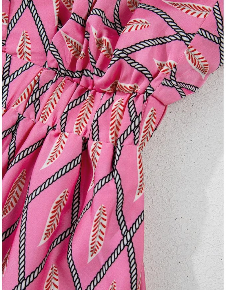 Pink Paisley Geometric Print V Neck High Waist Romper