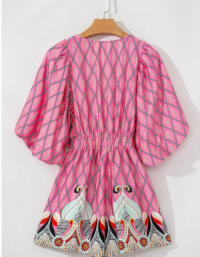 Pink Paisley Geometric Print V Neck High Waist Romper
