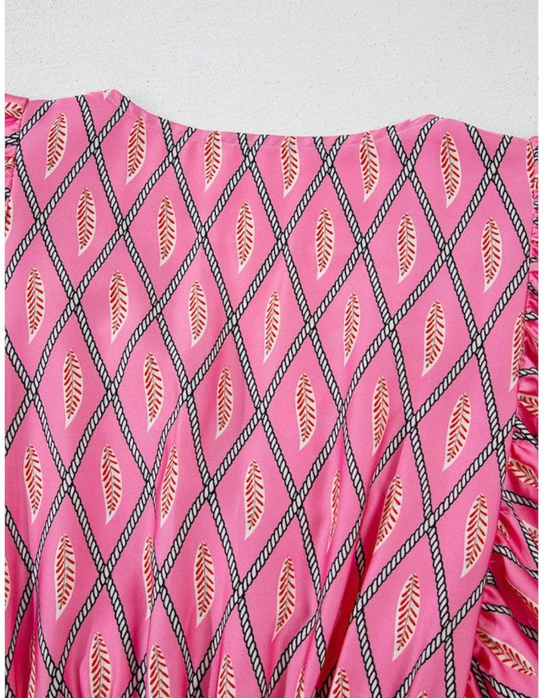 Pink Paisley Geometric Print V Neck High Waist Romper