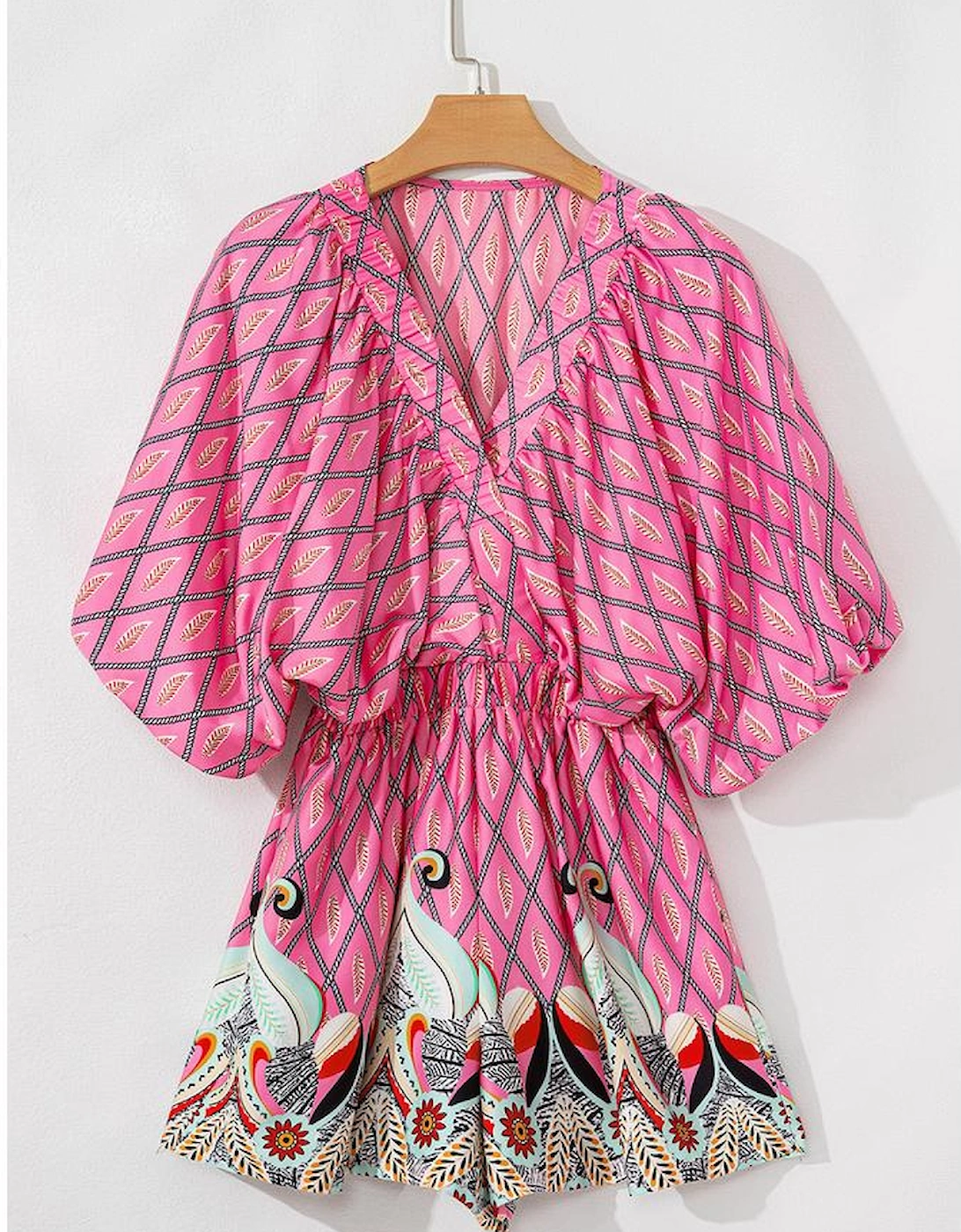 Pink Paisley Geometric Print V Neck High Waist Romper