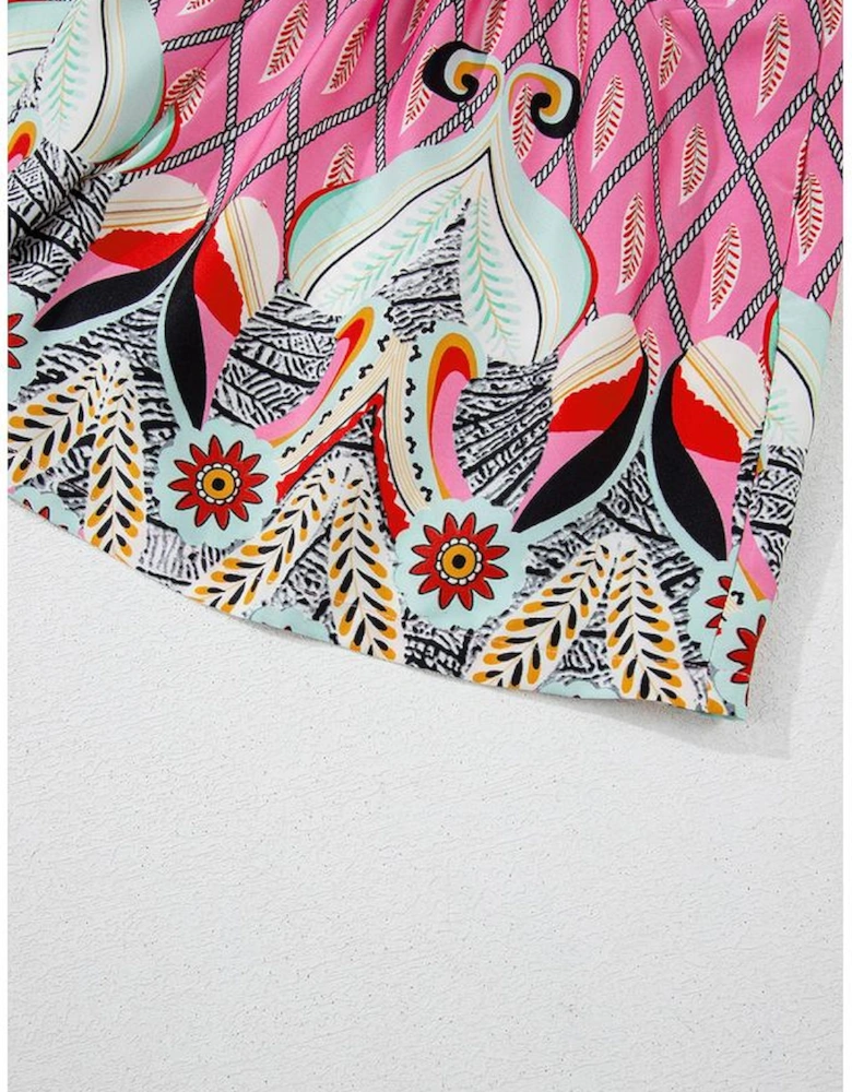 Pink Paisley Geometric Print V Neck High Waist Romper