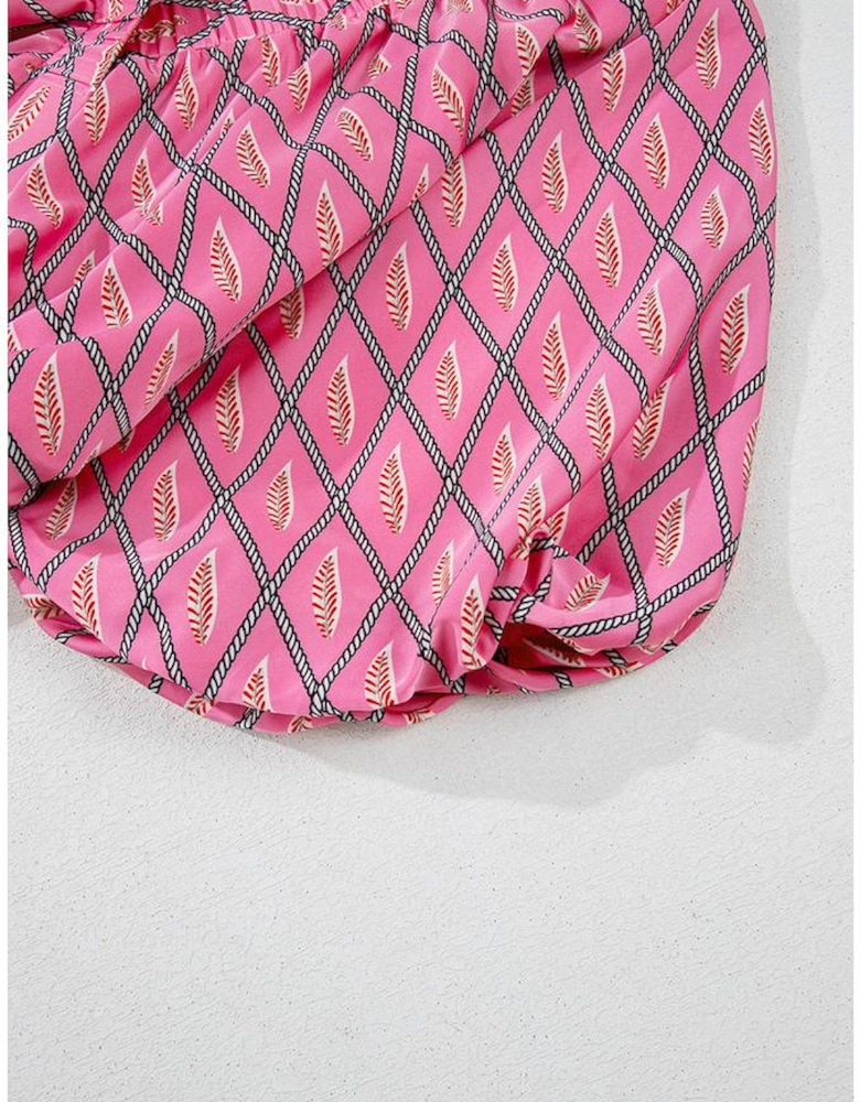 Pink Paisley Geometric Print V Neck High Waist Romper