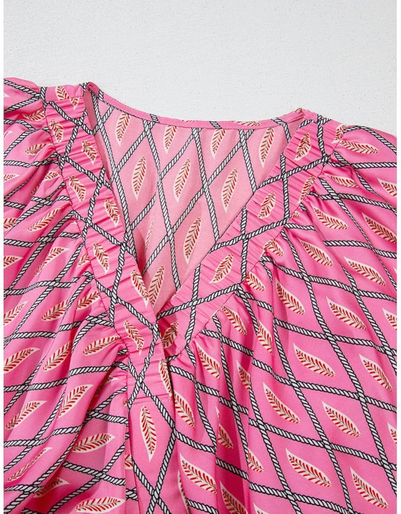 Pink Paisley Geometric Print V Neck High Waist Romper