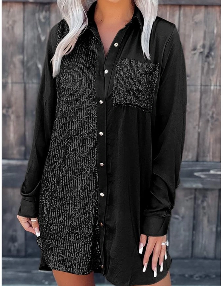Black Sequin Splicing Pocket Buttoned Shirt Dress