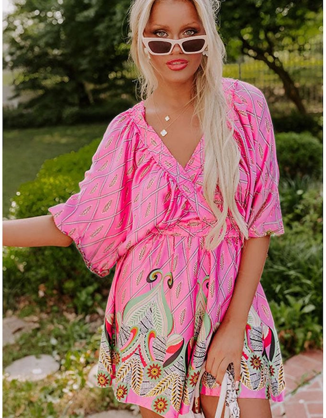 Pink Paisley Geometric Print V Neck High Waist Romper