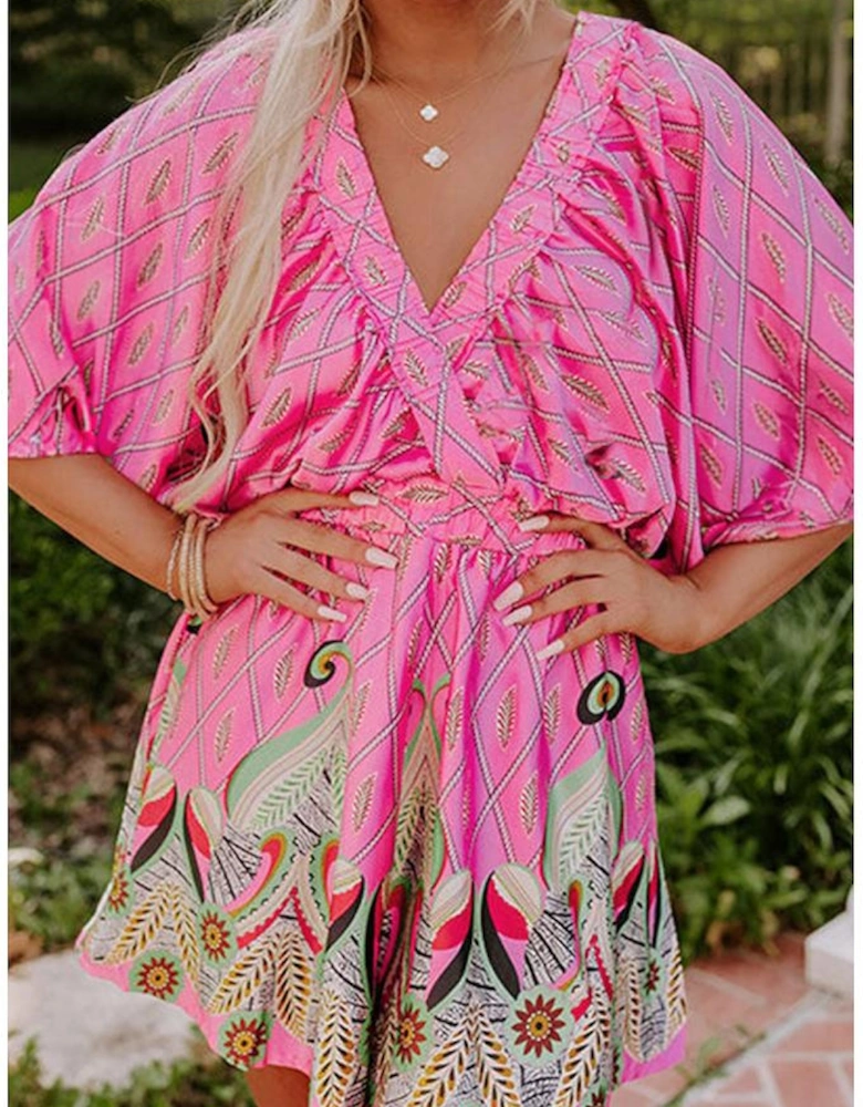 Pink Paisley Geometric Print V Neck High Waist Romper