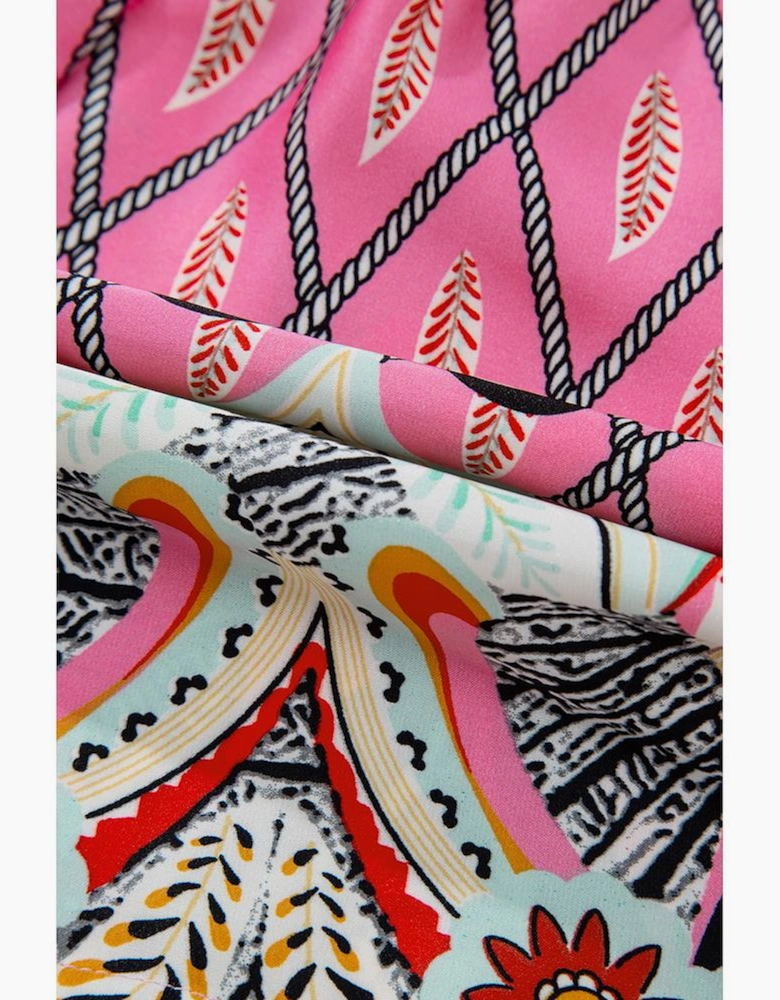 Pink Paisley Geometric Print V Neck High Waist Romper