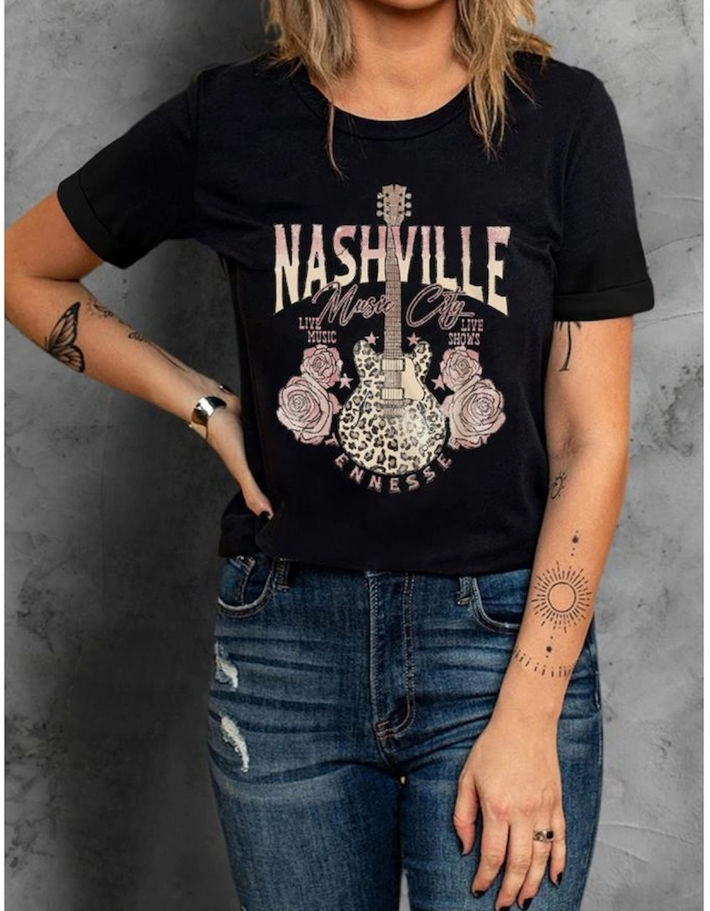 Black Nashville Music City Leopard Guitar Graphic T Shirt