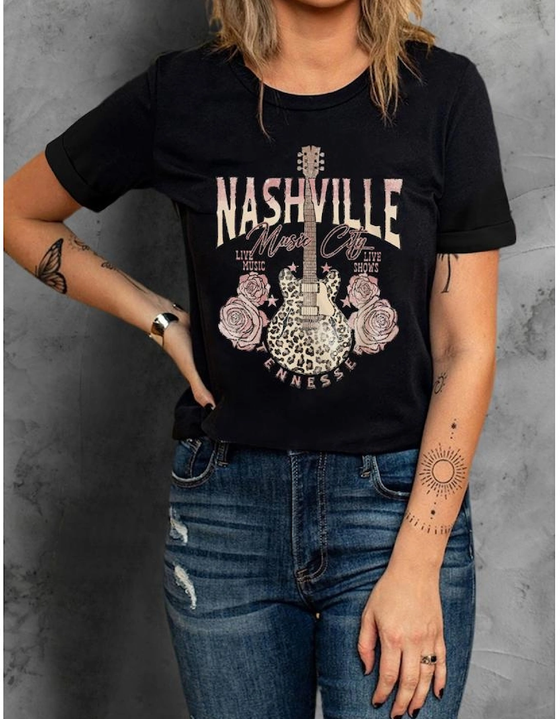 Black Nashville Music City Leopard Guitar Graphic T Shirt