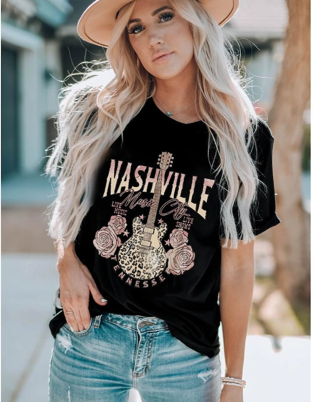 Black Nashville Music City Leopard Guitar Graphic T Shirt, 10 of 9