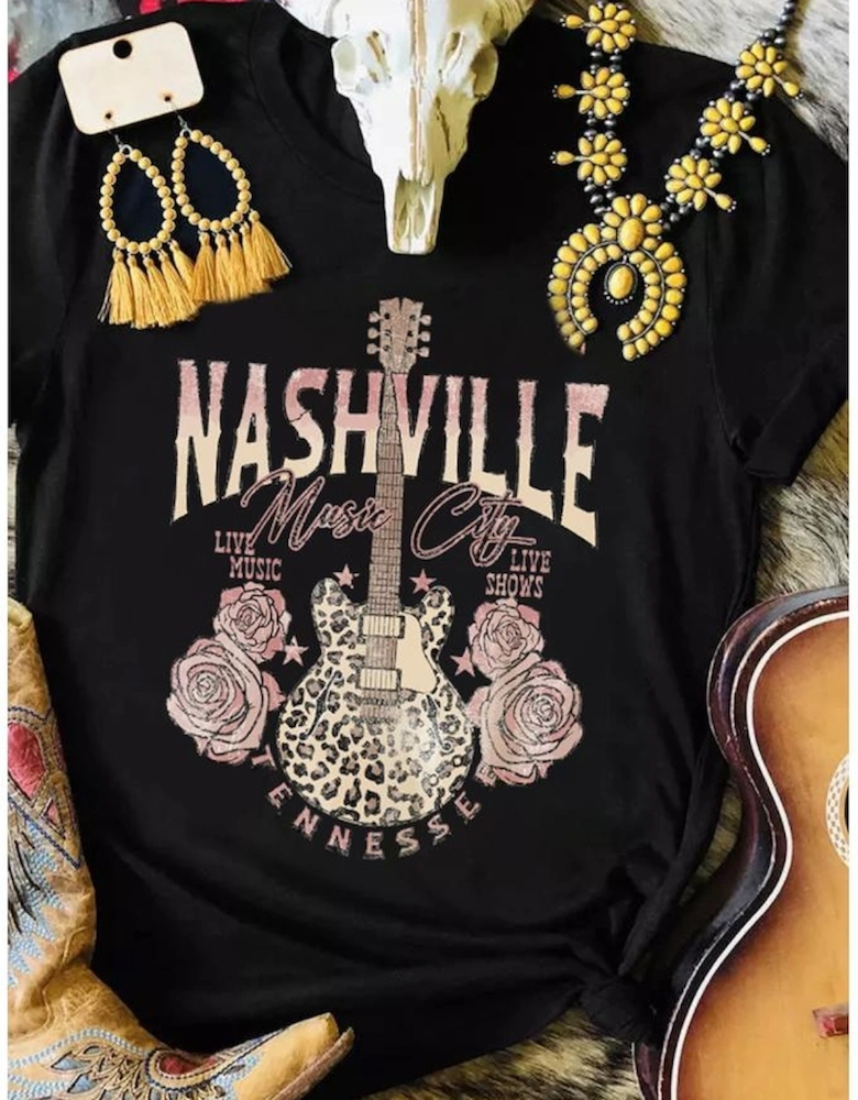 Black Nashville Music City Leopard Guitar Graphic T Shirt