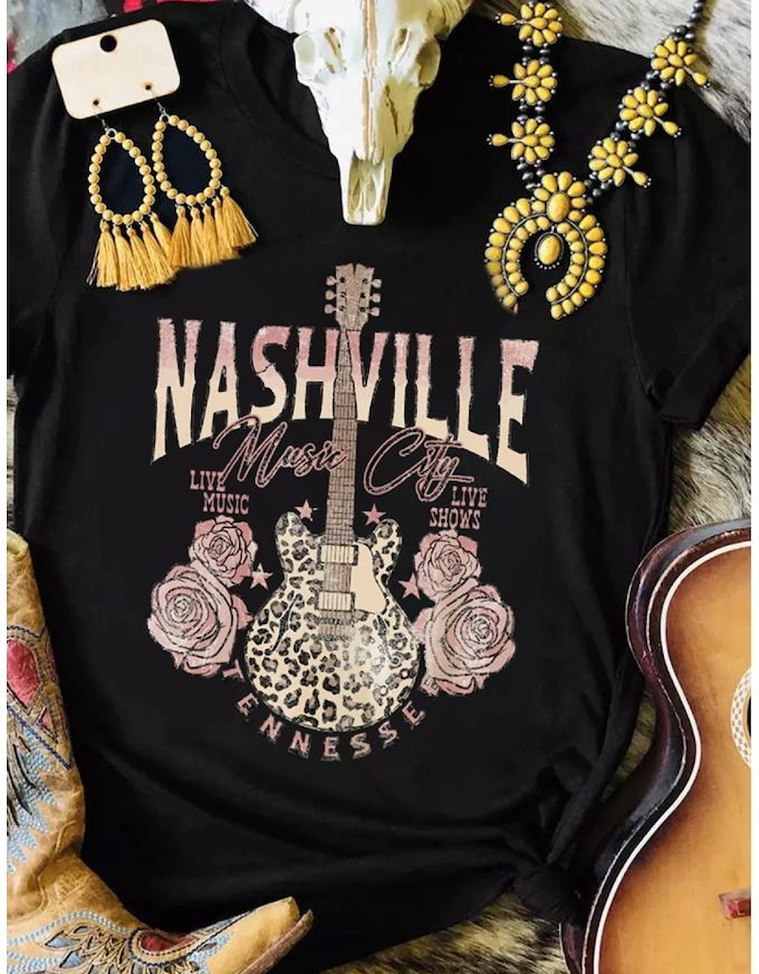 Black Nashville Music City Leopard Guitar Graphic T Shirt