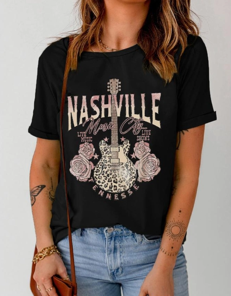 Black Nashville Music City Leopard Guitar Graphic T Shirt