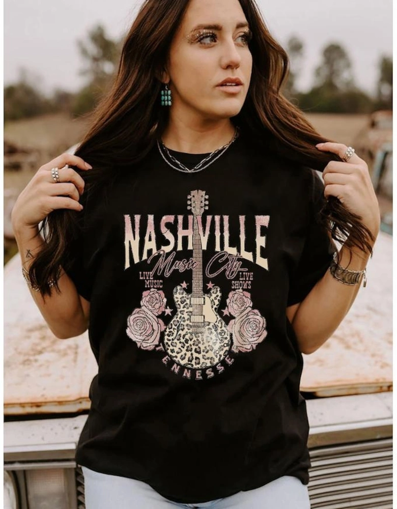 Black Nashville Music City Leopard Guitar Graphic T Shirt