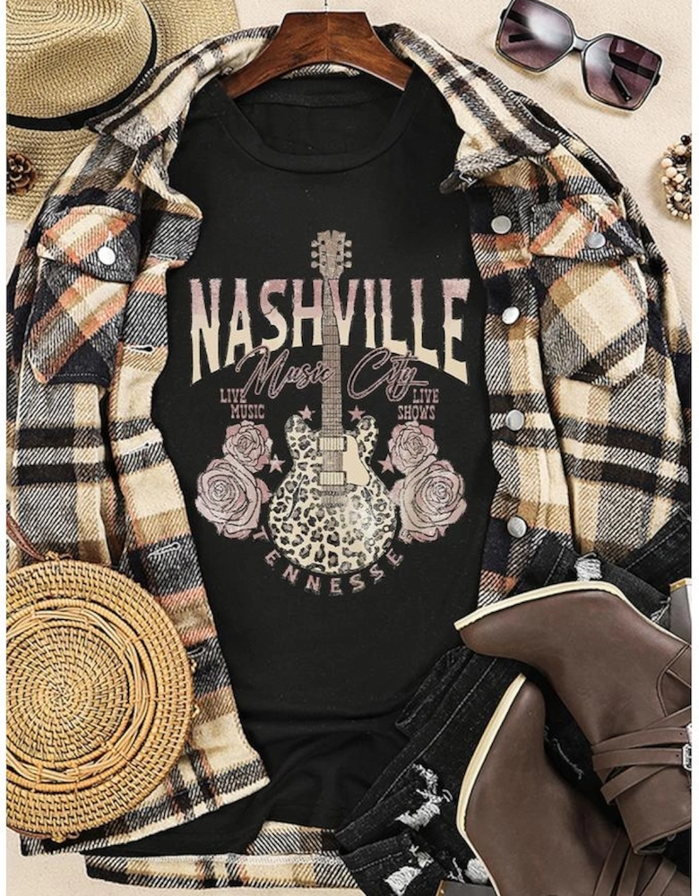 Black Nashville Music City Leopard Guitar Graphic T Shirt