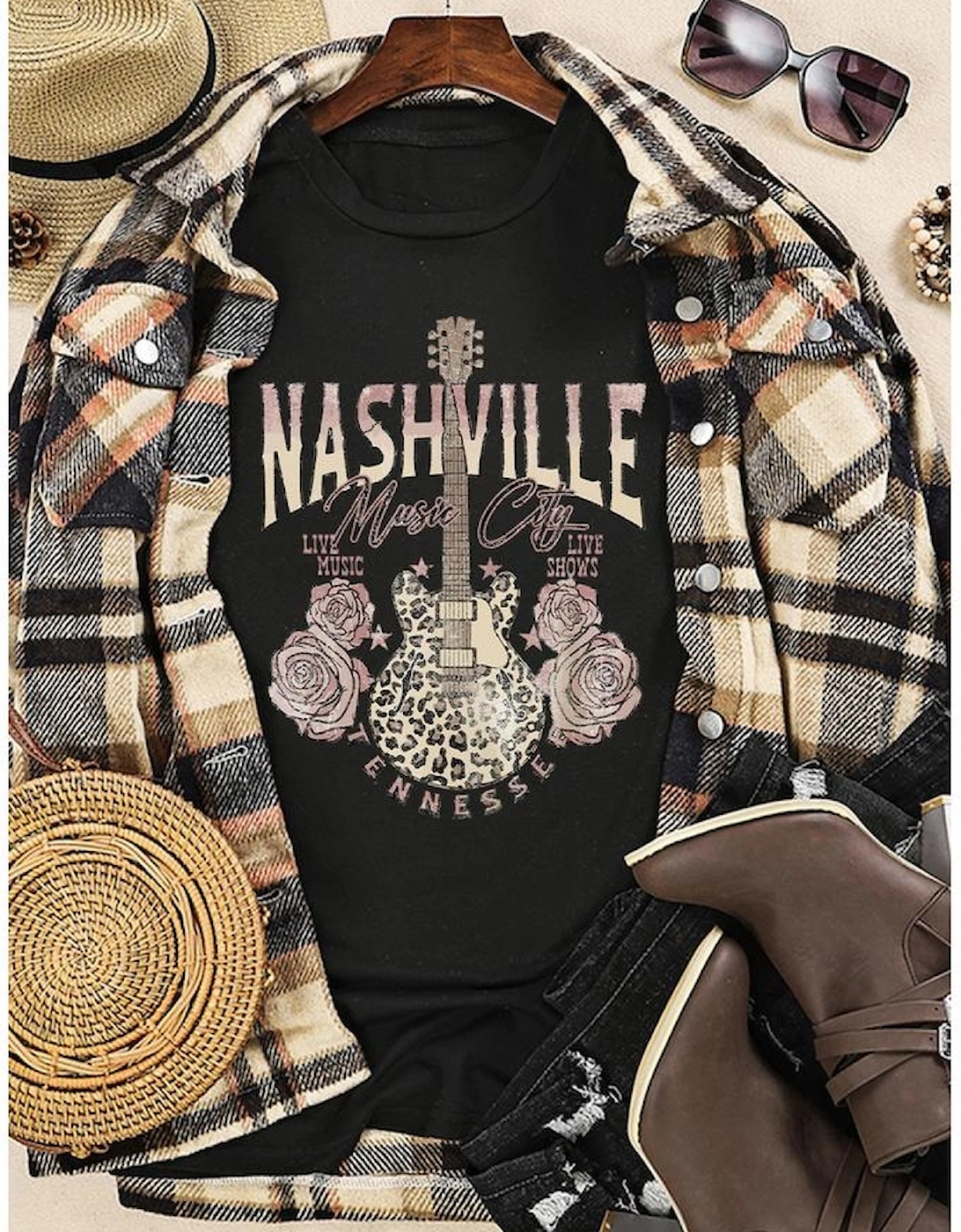 Black Nashville Music City Leopard Guitar Graphic T Shirt