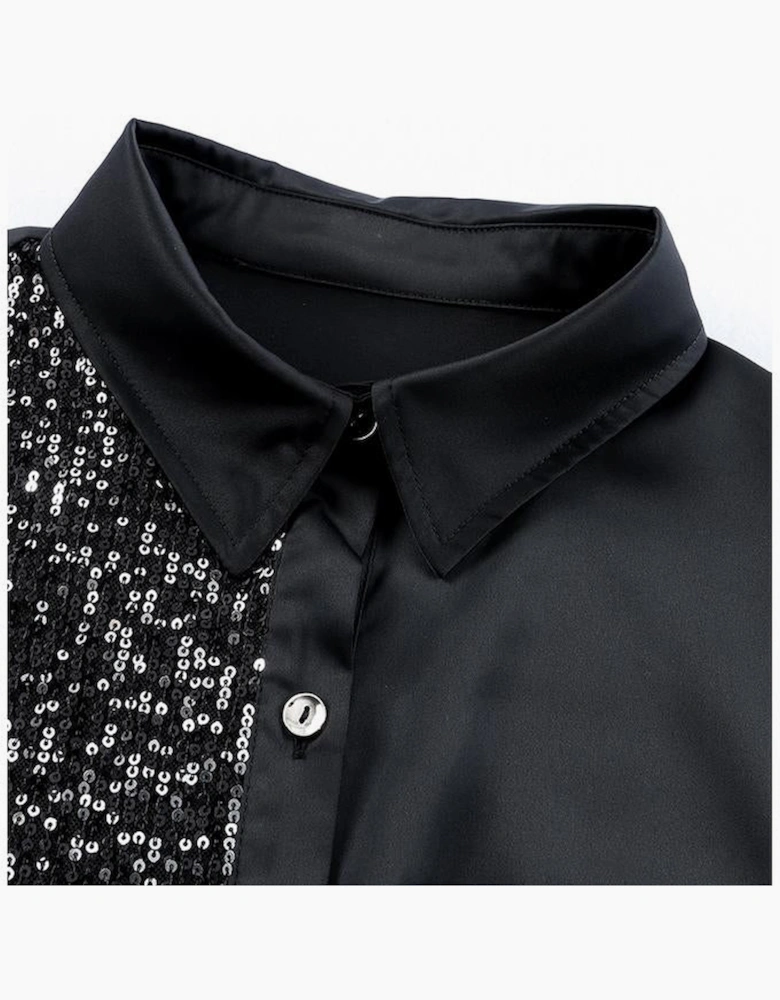 Black Sequin Splicing Pocket Buttoned Shirt Dress