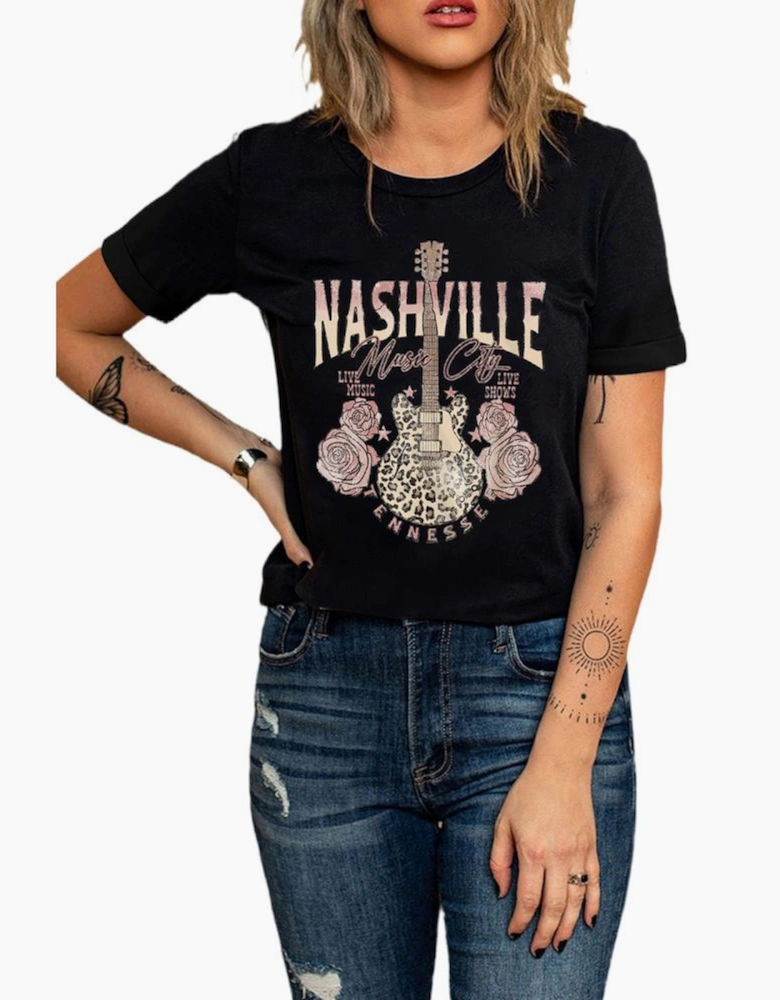 Black Nashville Music City Leopard Guitar Graphic T Shirt