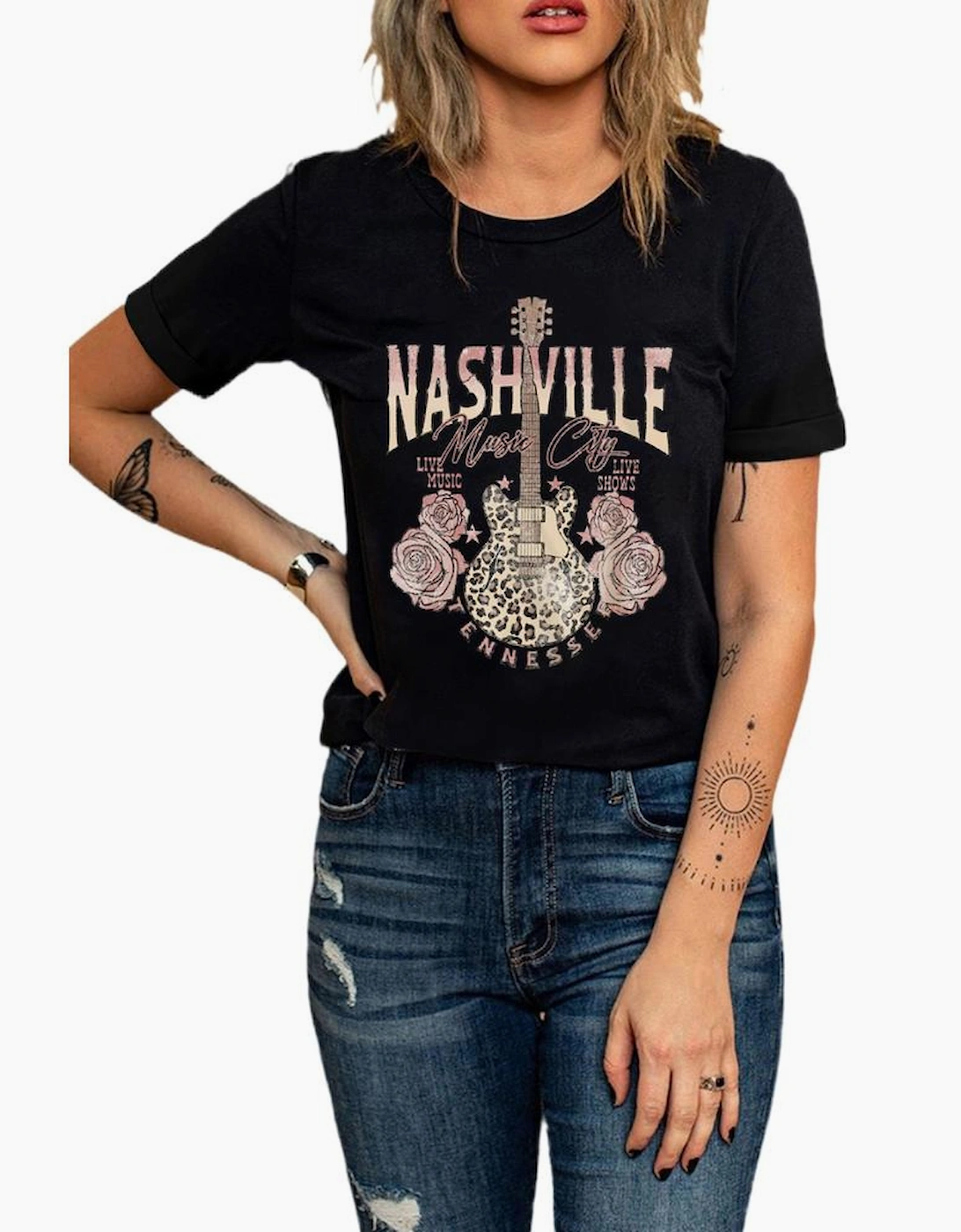 Black Nashville Music City Leopard Guitar Graphic T Shirt