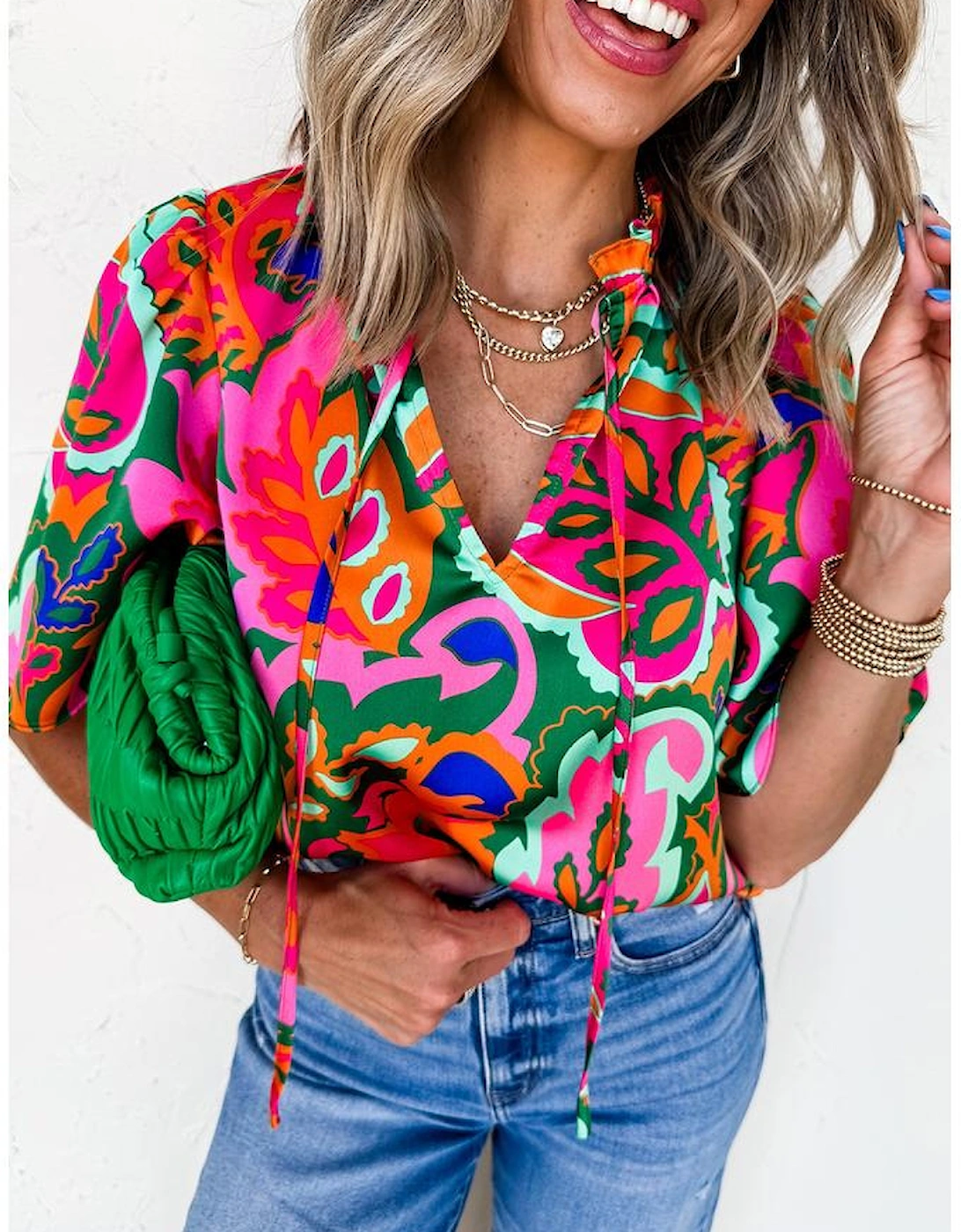 Rose Summer Plant Print Lace up V Neck Short Sleeve Blouse