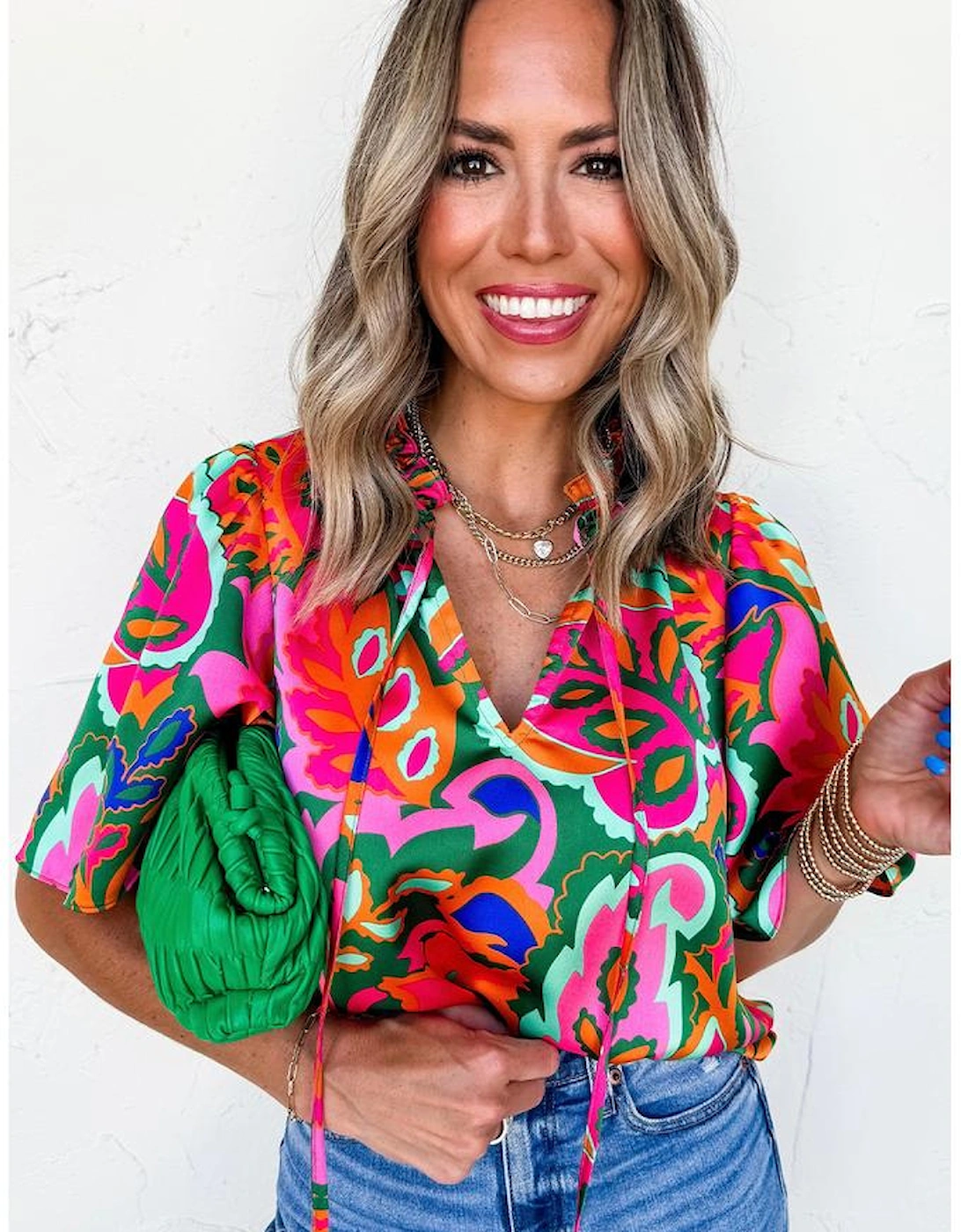 Rose Summer Plant Print Lace up V Neck Short Sleeve Blouse