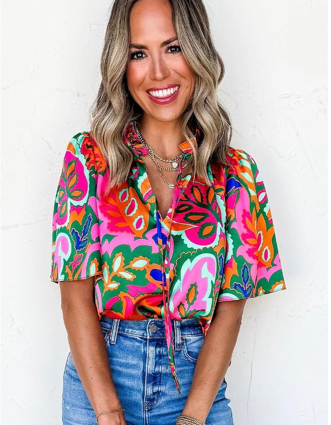 Rose Summer Plant Print Lace up V Neck Short Sleeve Blouse