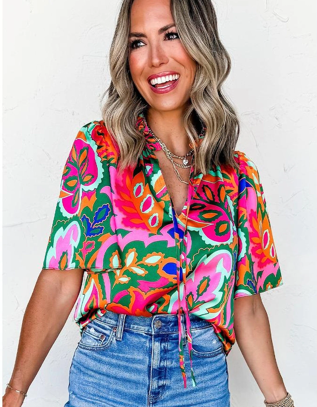 Rose Summer Plant Print Lace up V Neck Short Sleeve Blouse