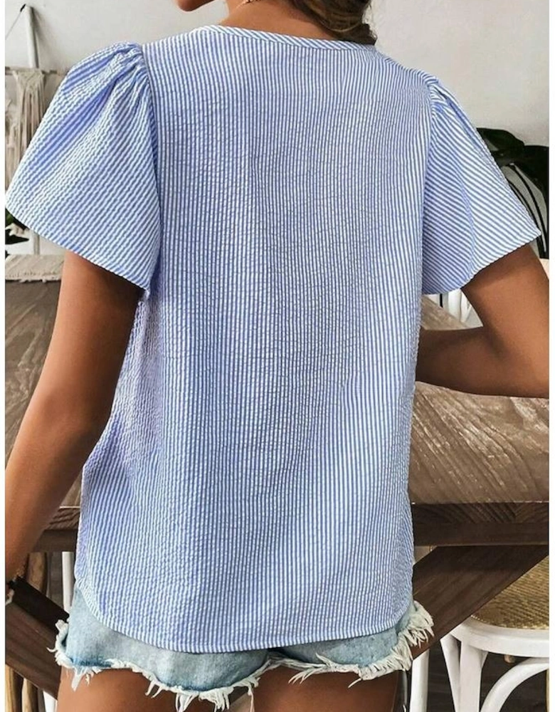 Sky Blue Stripe Textured Ruffle Short Sleeve Boho Detail Square Neck Blouse