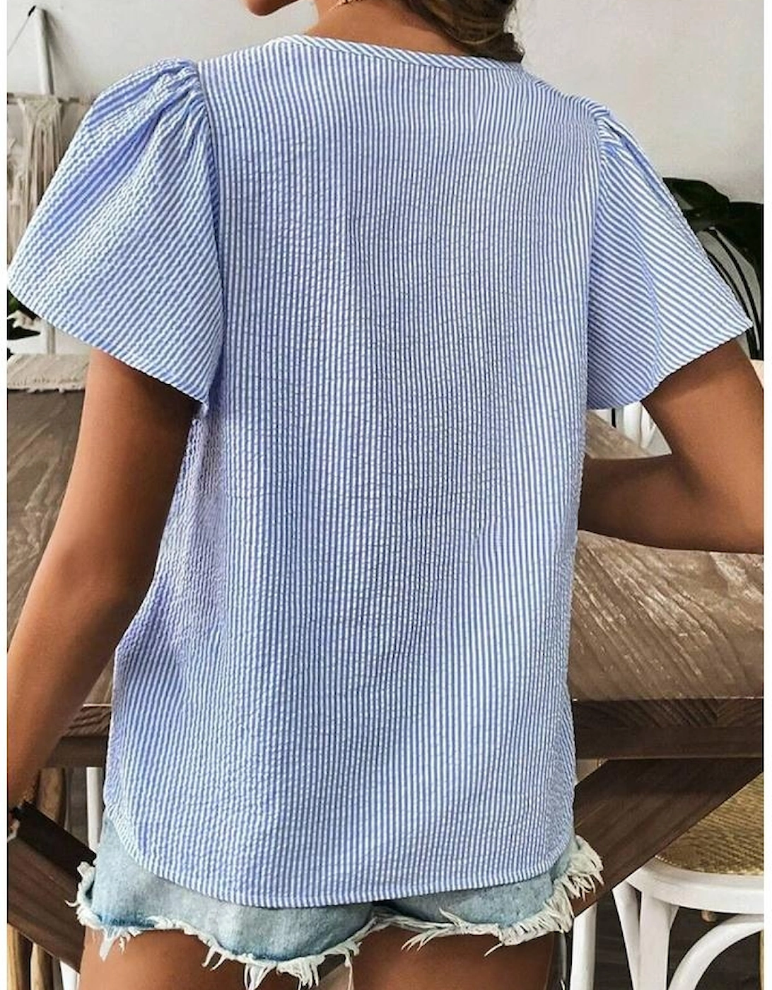 Sky Blue Stripe Textured Ruffle Short Sleeve Boho Detail Square Neck Blouse, 14 of 13