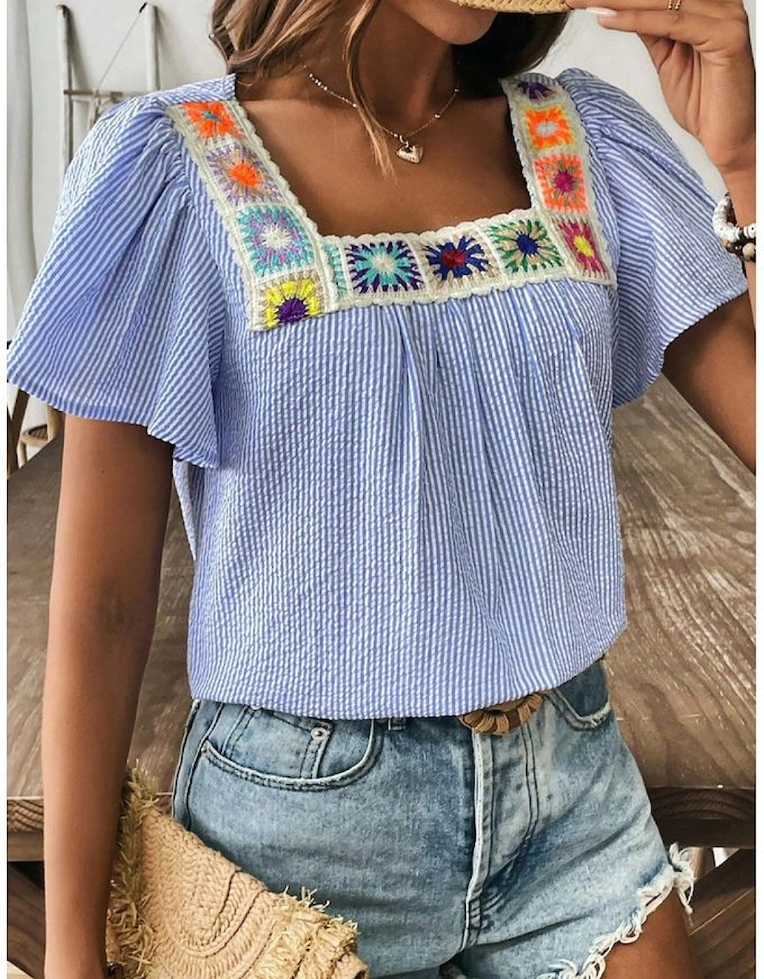 Sky Blue Stripe Textured Ruffle Short Sleeve Boho Detail Square Neck Blouse