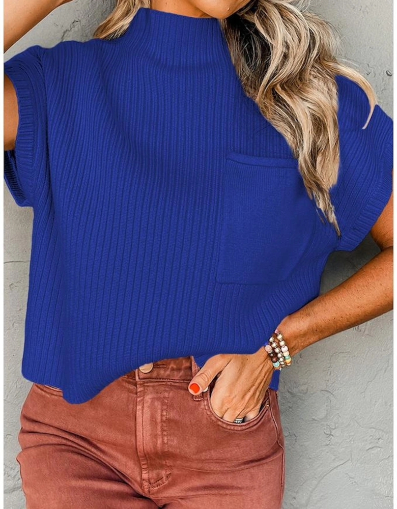 Dark Blue Patch Pocket Ribbed Knit Short Sleeve Sweater