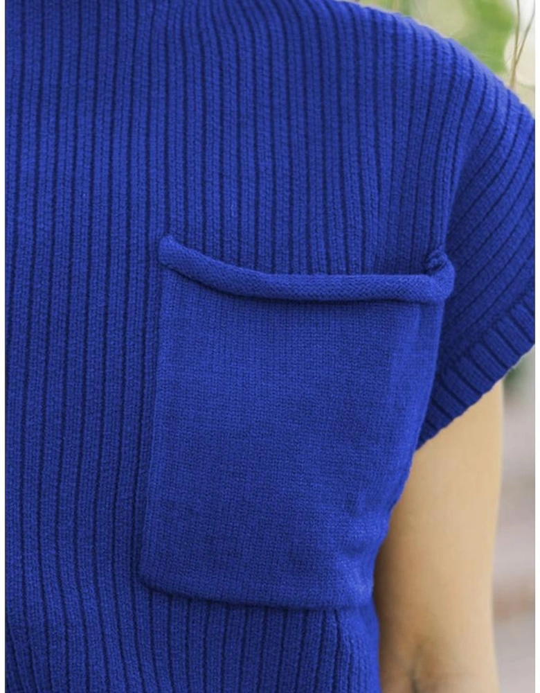 Dark Blue Patch Pocket Ribbed Knit Short Sleeve Sweater