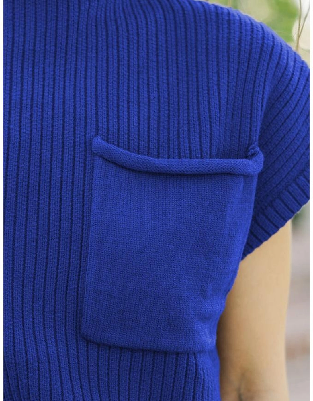 Dark Blue Patch Pocket Ribbed Knit Short Sleeve Sweater