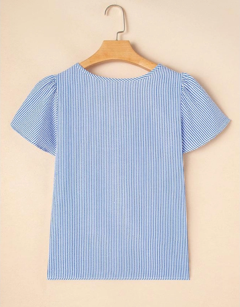 Sky Blue Stripe Textured Ruffle Short Sleeve Boho Detail Square Neck Blouse