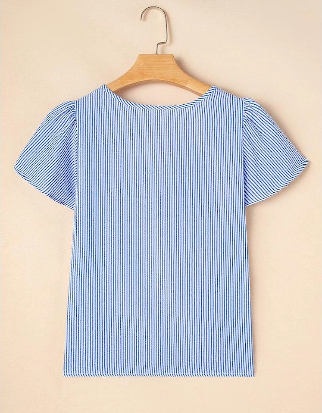 Sky Blue Stripe Textured Ruffle Short Sleeve Boho Detail Square Neck Blouse