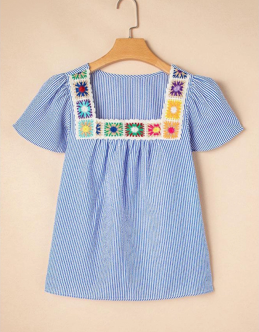 Sky Blue Stripe Textured Ruffle Short Sleeve Boho Detail Square Neck Blouse