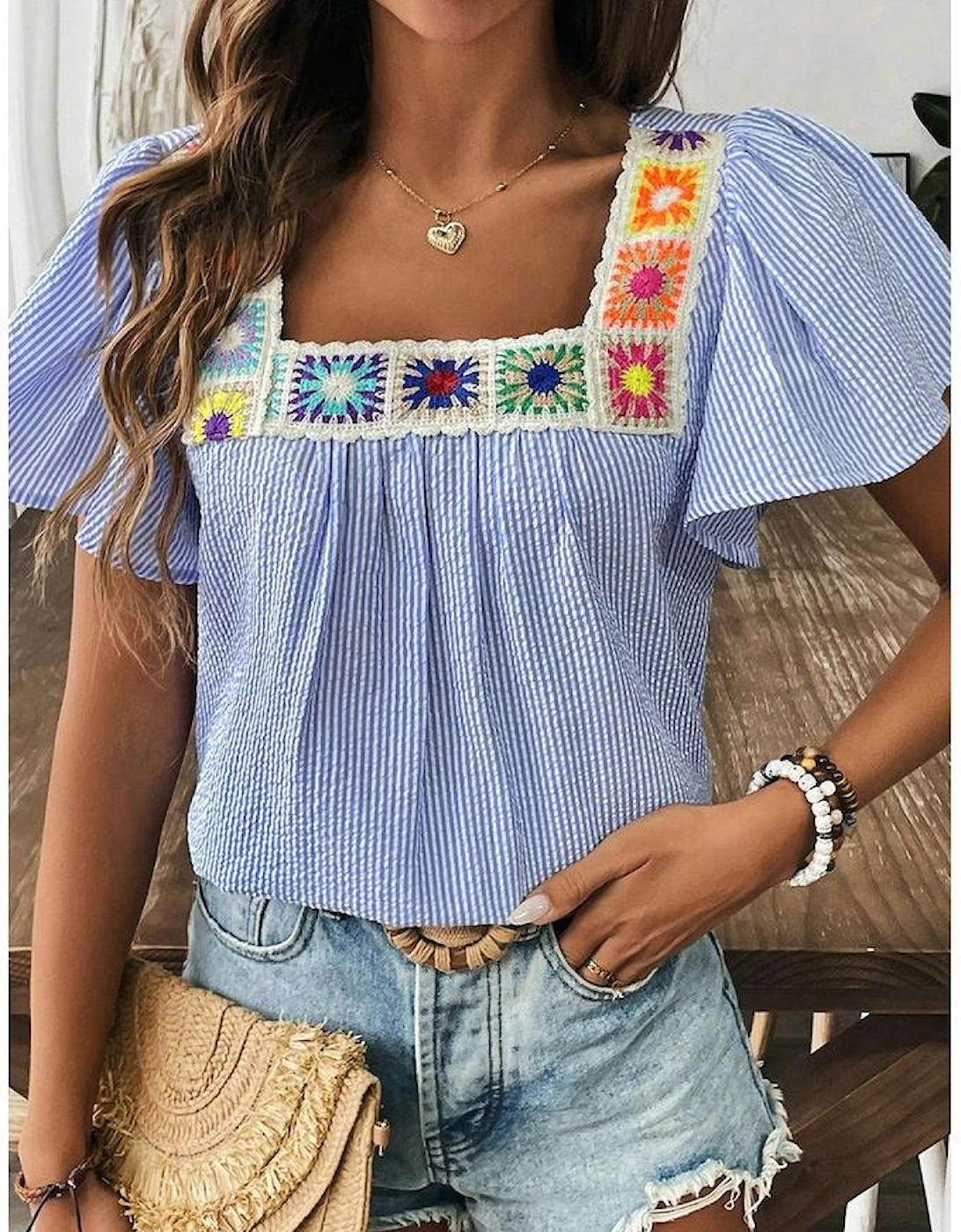 Sky Blue Stripe Textured Ruffle Short Sleeve Boho Detail Square Neck Blouse